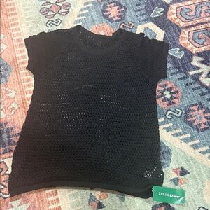 SHEIN Black Open-Knit Short Sleeve Crewneck Top